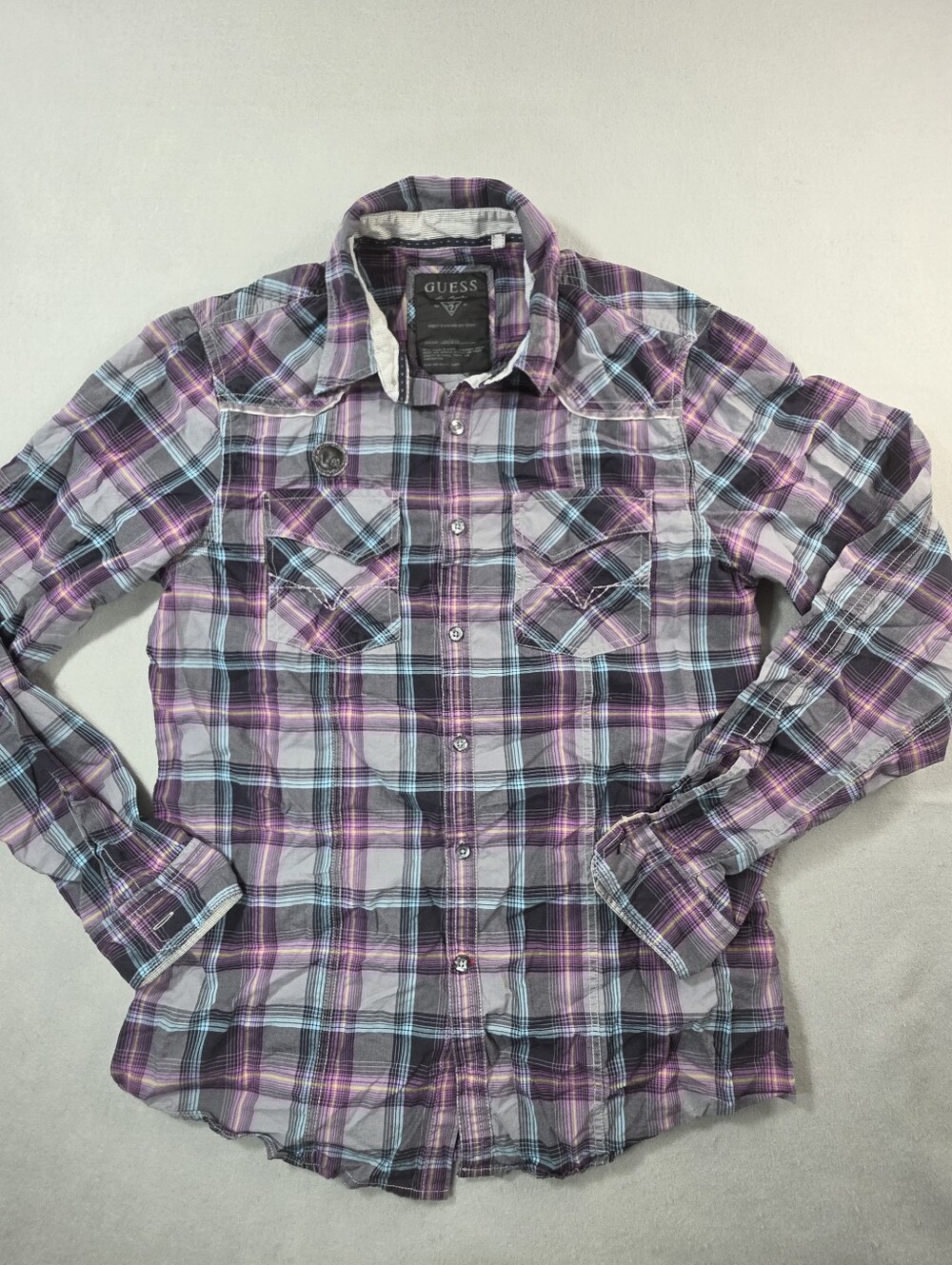 GUESS Men’s Purple Plaid Button-Down Shirt with Light Blue Accent